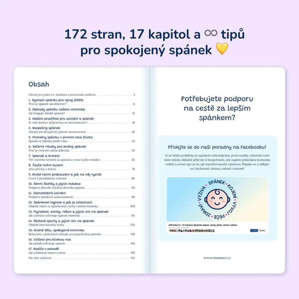 Obsah e-booku Spánek miminek – 17 kapitol s tipy pro klidný spánek dítěte